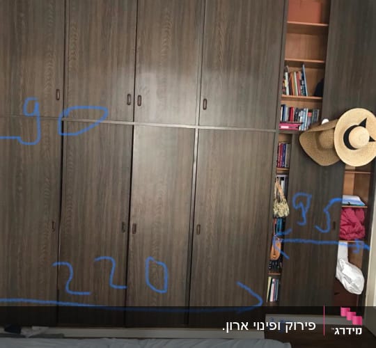 ארון עץ עם מדפים ודלתות סגורות
